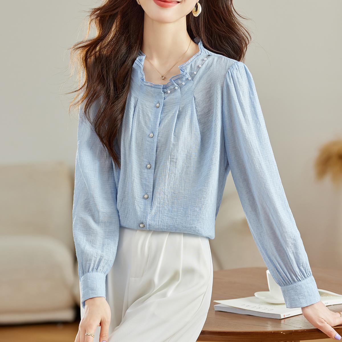 簡約純色珍珠立領長袖襯衫