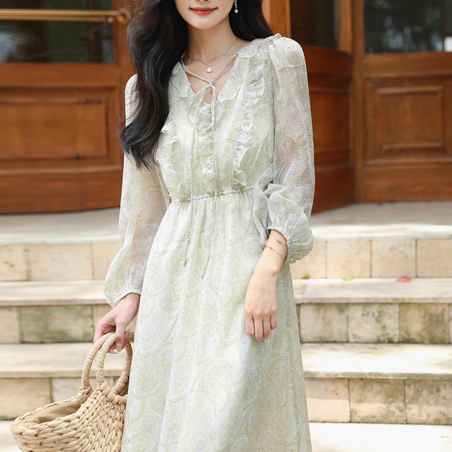 法式印花荷葉邊泡泡袖洋裝