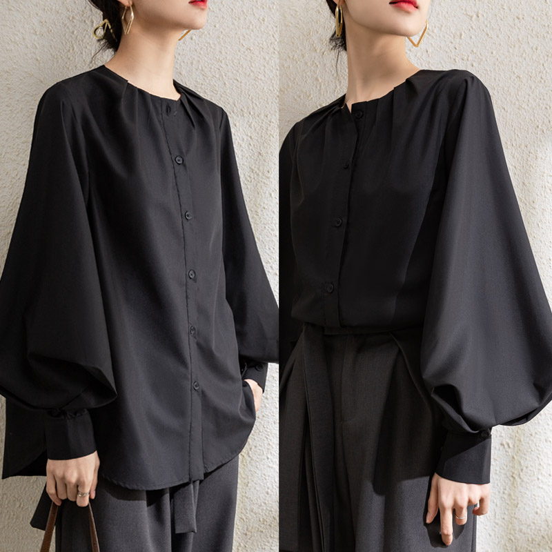 設計感純色圓領燈籠袖襯衫