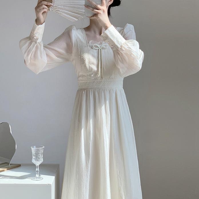 超仙森系荷葉邊長袖連身裙