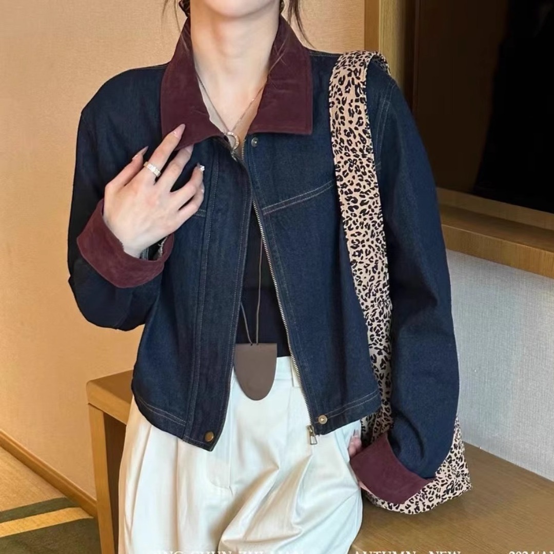 百搭翻領撞色拼接牛仔外套