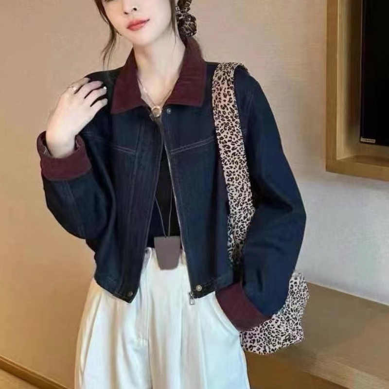 百搭翻領撞色拼接牛仔外套