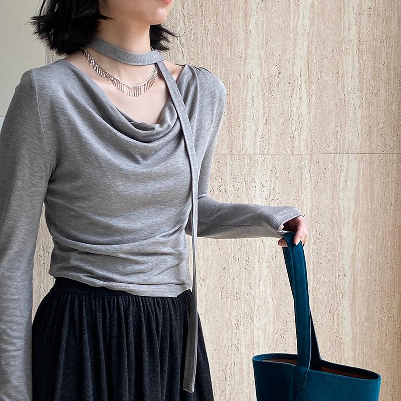 百搭修身內搭飄帶長袖打底衫