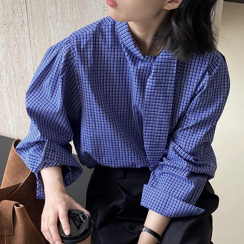 繫帶設計感領結格紋襯衫