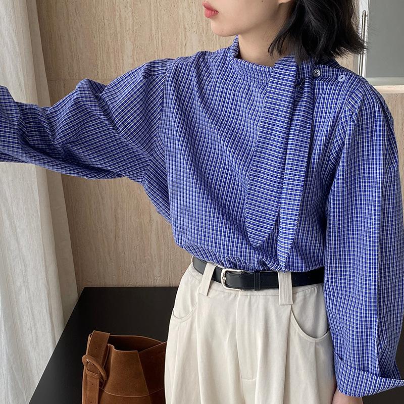 繫帶設計感領結格紋襯衫