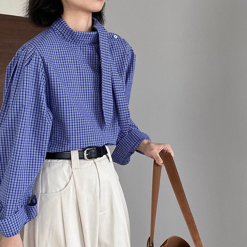 繫帶設計感領結格紋襯衫