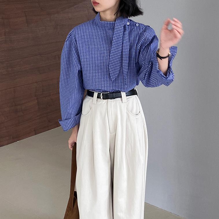 繫帶設計感領結格紋襯衫