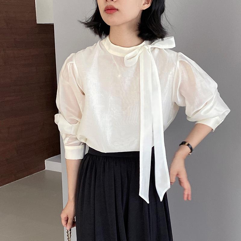 氣質蝴蝶結飄帶半高領長袖襯衫