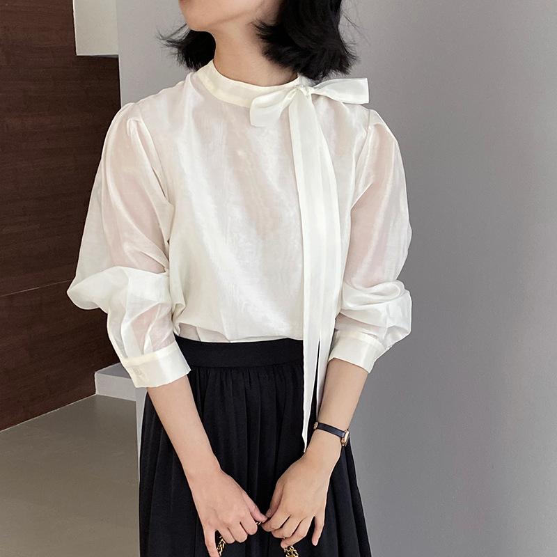 氣質蝴蝶結飄帶半高領長袖襯衫
