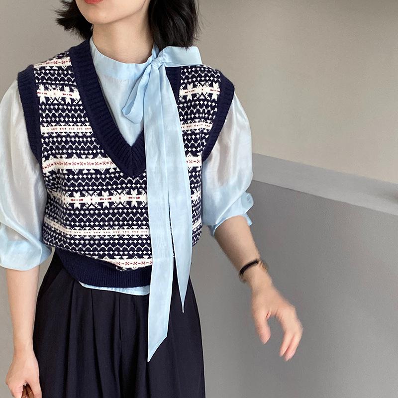 民族風提花疊穿V領短針織背心