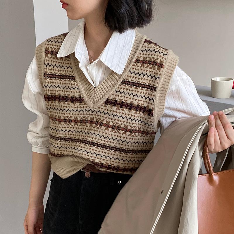 民族風提花疊穿V領短針織背心