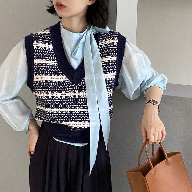 民族風提花疊穿V領短針織背心