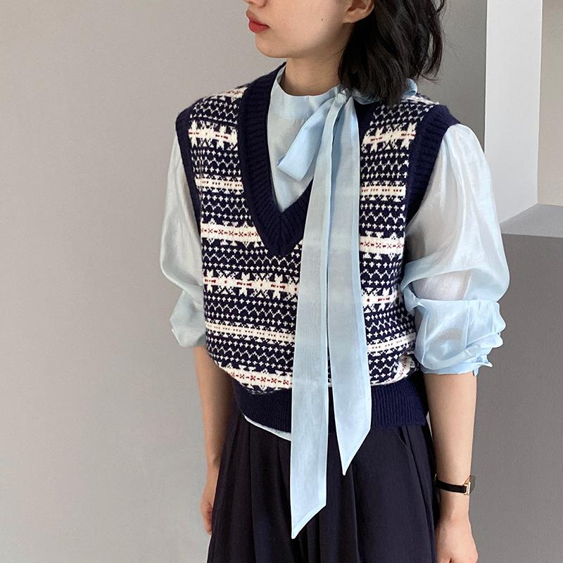民族風提花疊穿V領短針織背心