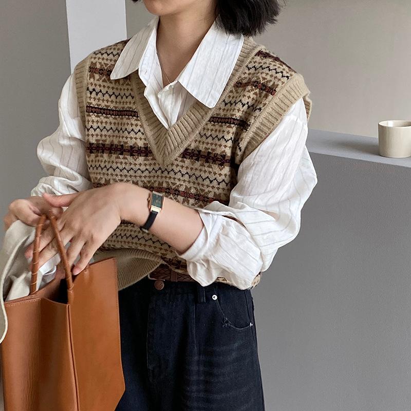 民族風提花疊穿V領短針織背心