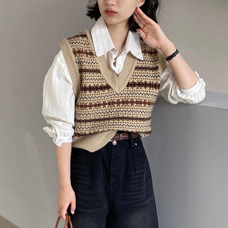 民族風提花疊穿V領短針織背心