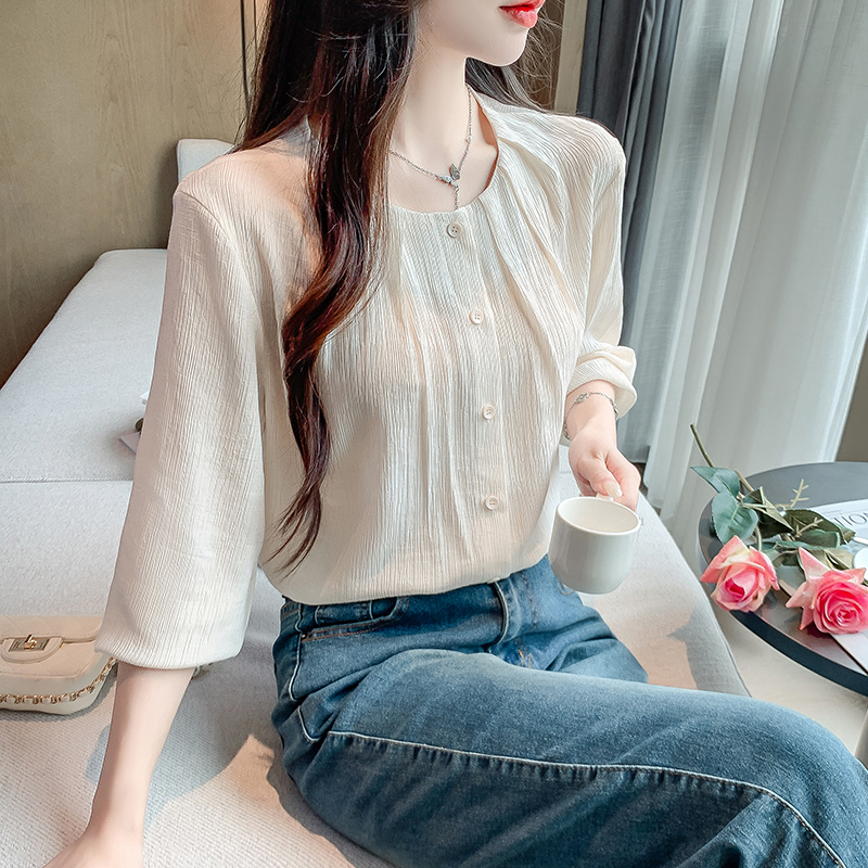 韓版純色圓領九分袖襯衫