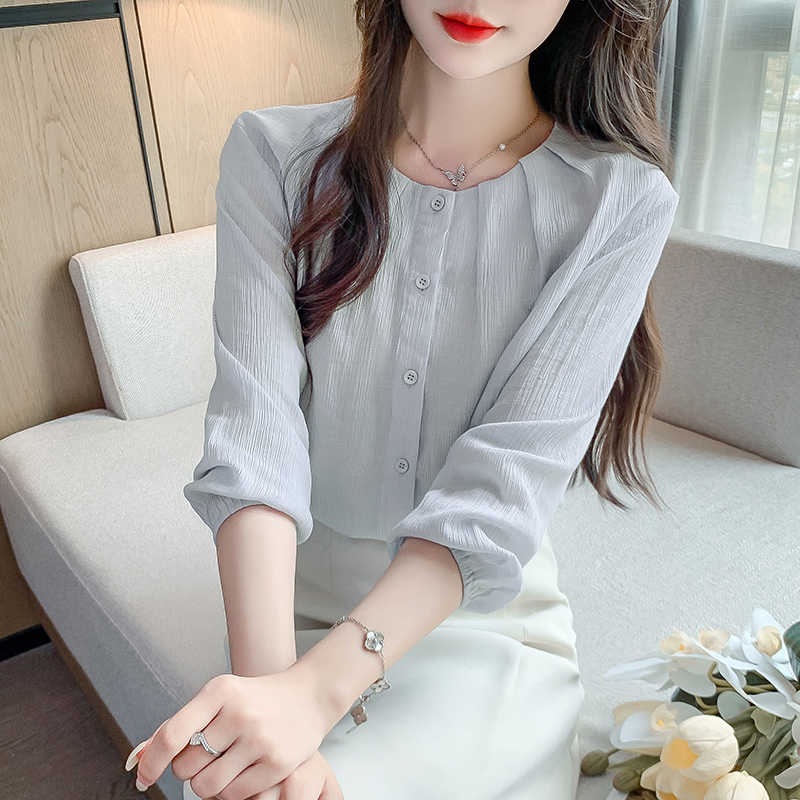 韓版純色圓領九分袖襯衫