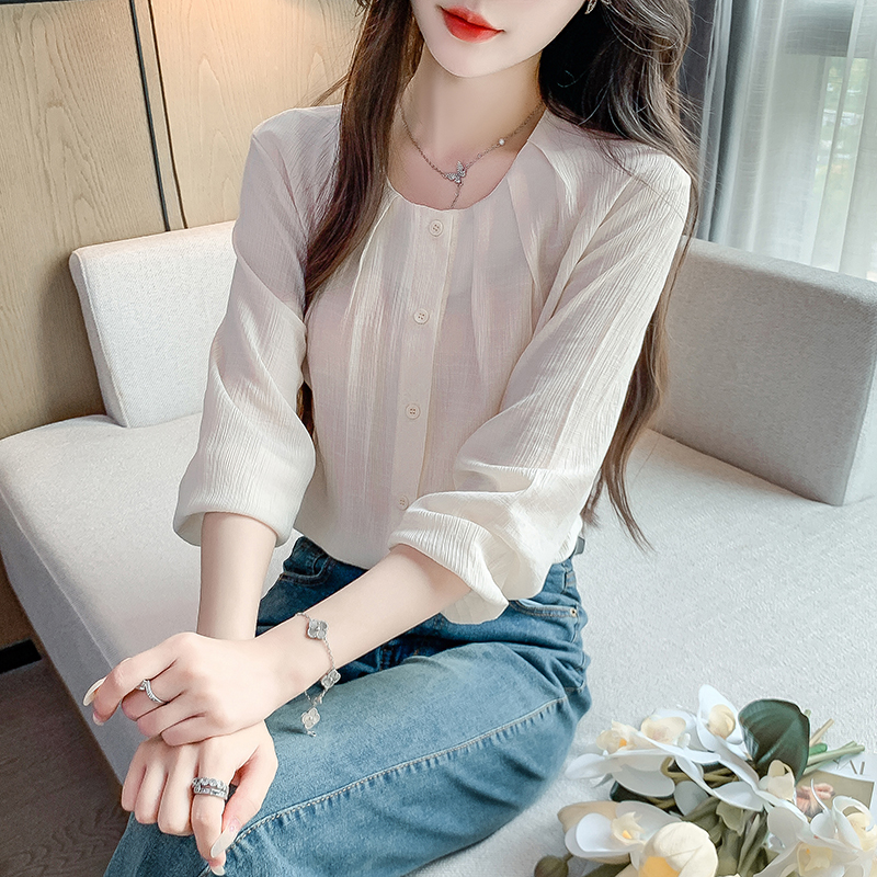 韓版純色圓領九分袖襯衫