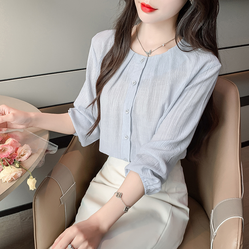 韓版純色圓領九分袖襯衫