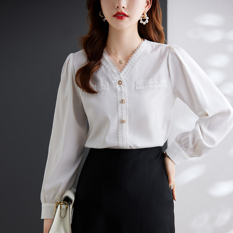 甜美純色V領長袖襯衫