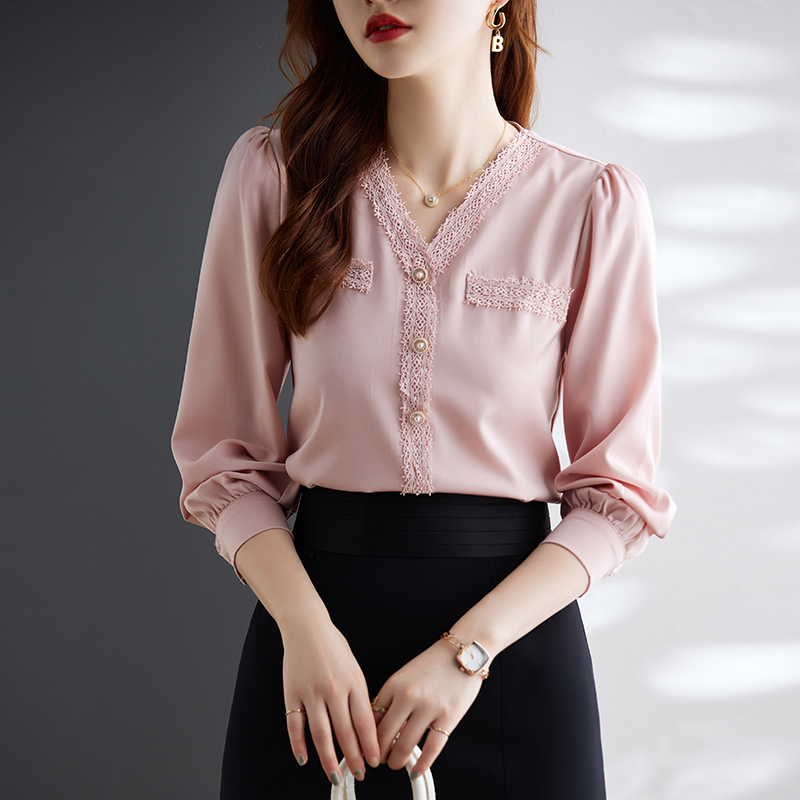 甜美純色V領長袖襯衫