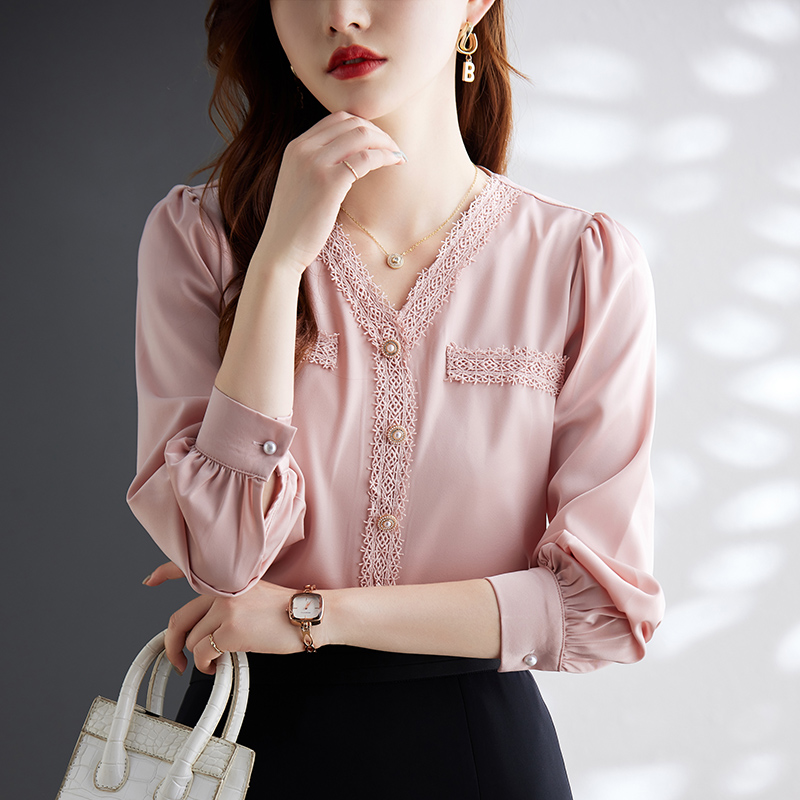 甜美純色V領長袖襯衫