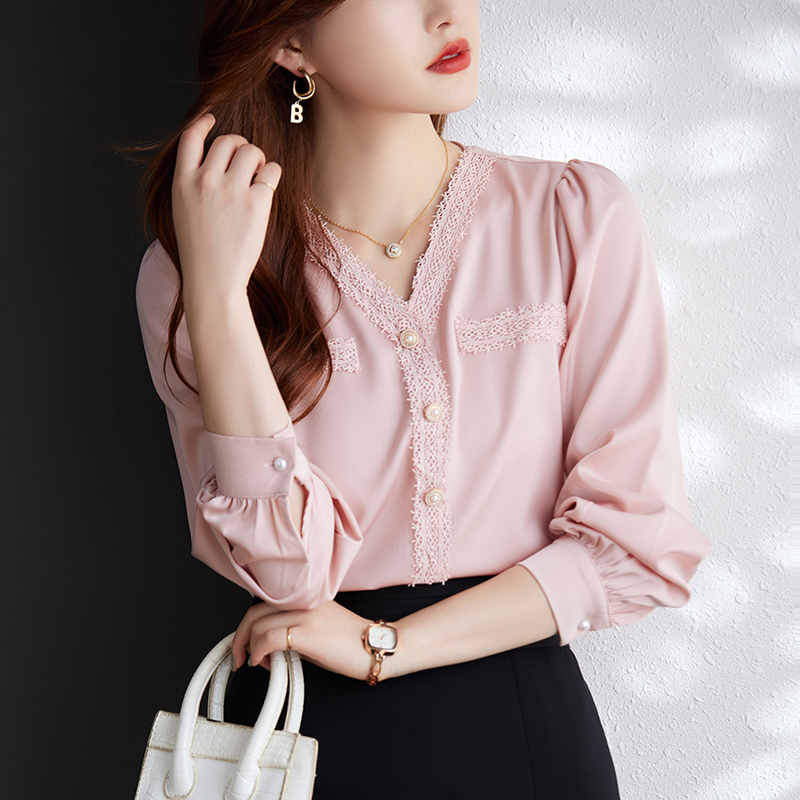 甜美純色V領長袖襯衫