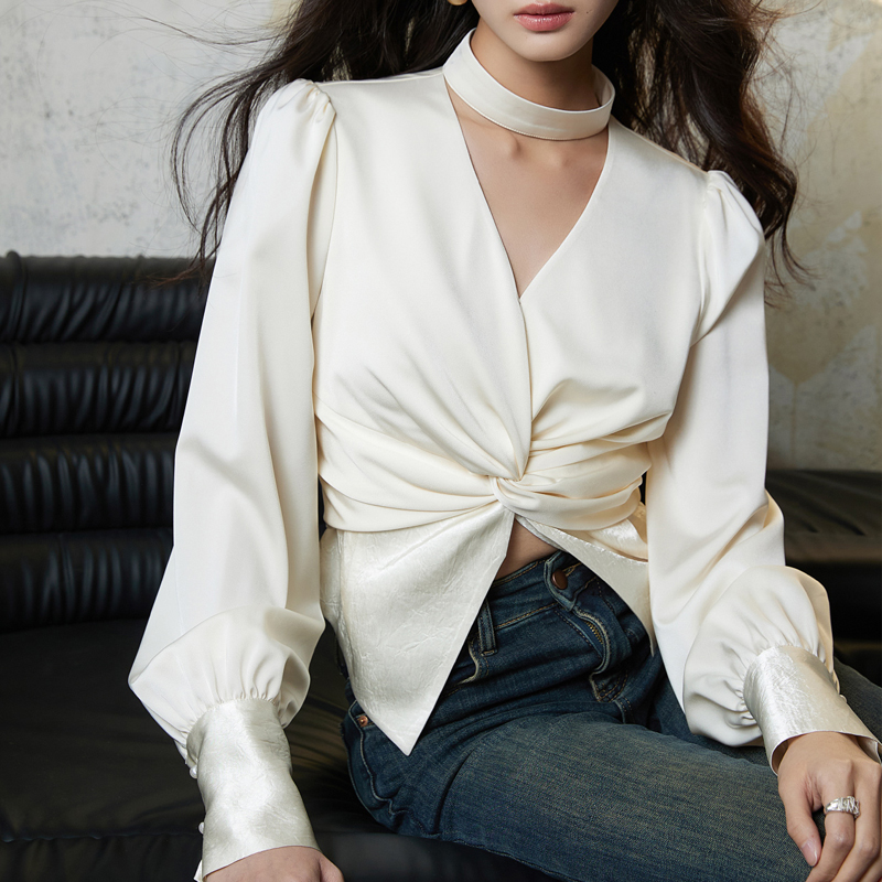 設計感V領掛脖收腰拼接長袖襯衫