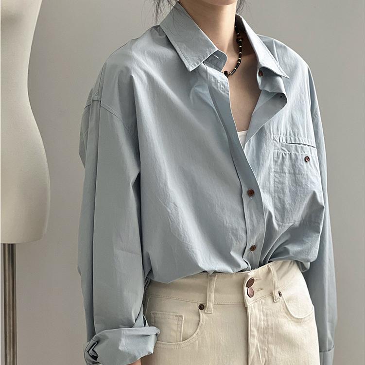 韓系風簡約翻領長袖襯衫