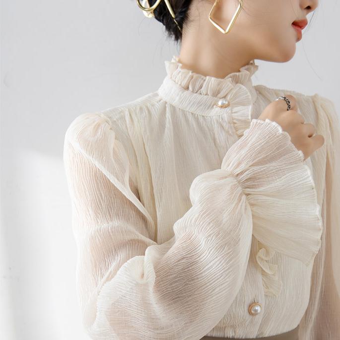 宮廷風木耳立領蕾絲喇叭袖襯衫