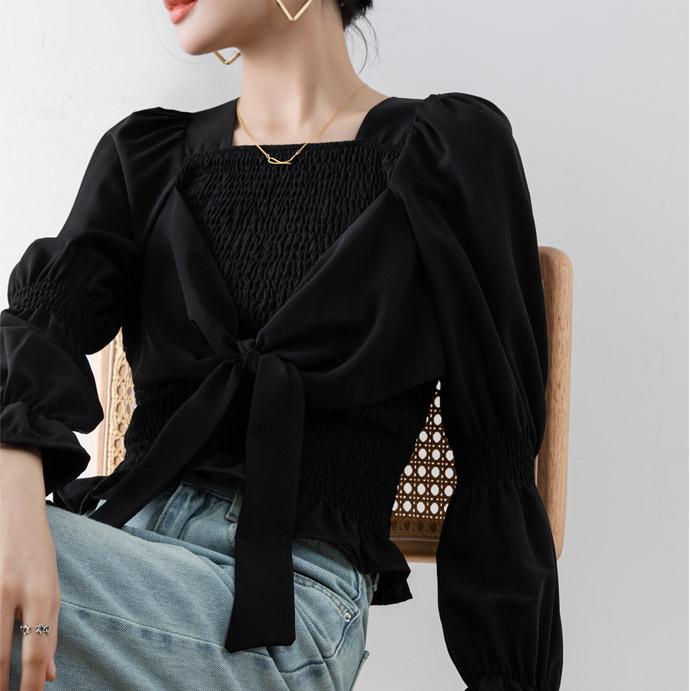 法式方領泡泡袖蝴蝶結襯衫