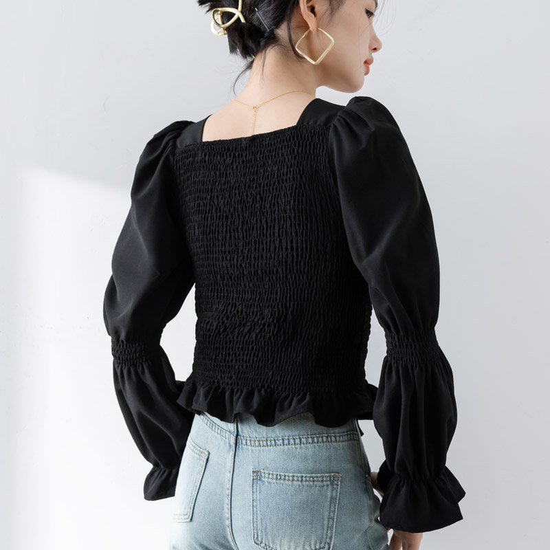 法式方領泡泡袖蝴蝶結襯衫