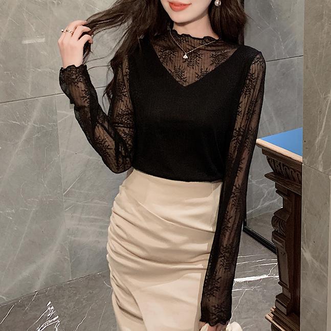 修身百搭蕾絲長袖打底衫