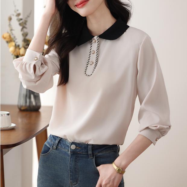 韓版撞色花邊小尖領襯衫