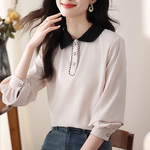 韓版撞色花邊小尖領襯衫