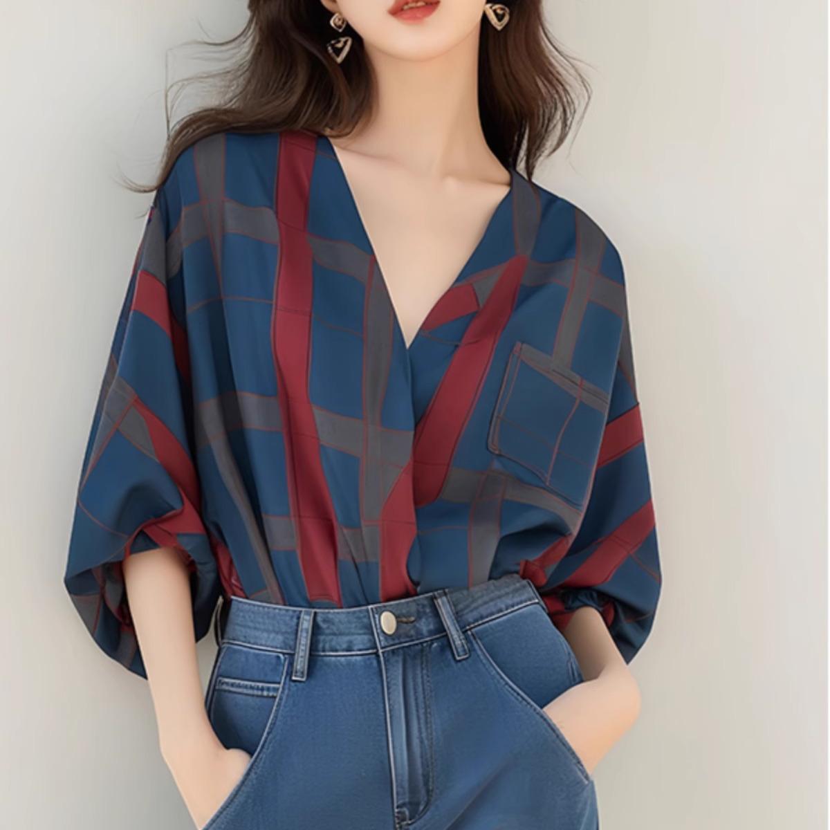 港風格子V領七分袖襯衫