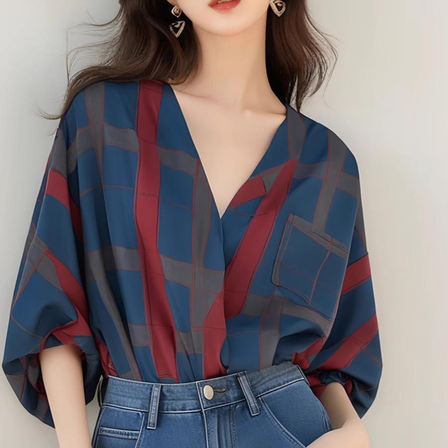 港風格子V領七分袖襯衫