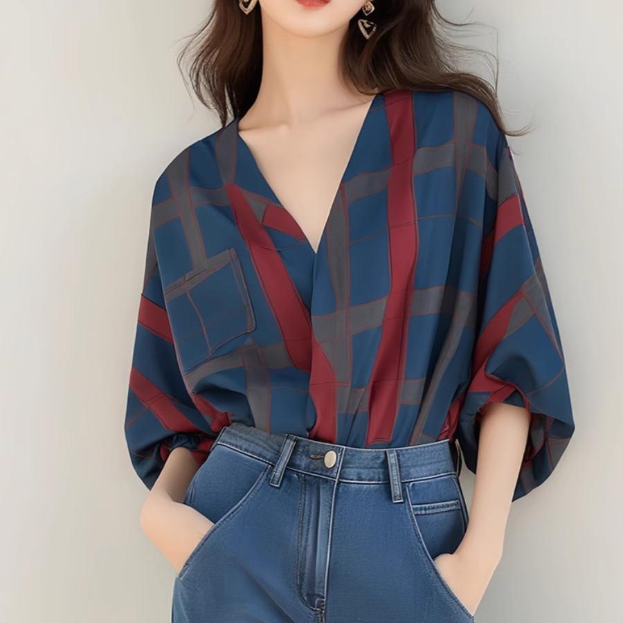 港風格子V領七分袖襯衫