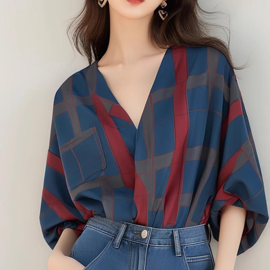 港風格子V領七分袖襯衫