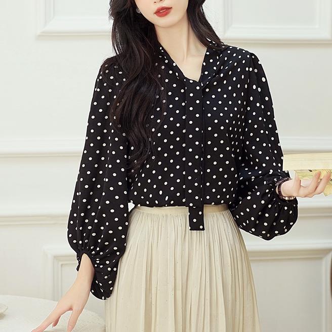 設計感波點印花飄帶襯衫