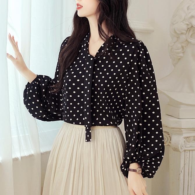 設計感波點印花飄帶襯衫