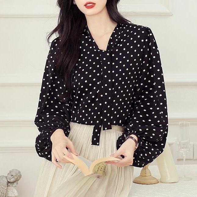 設計感波點印花飄帶襯衫