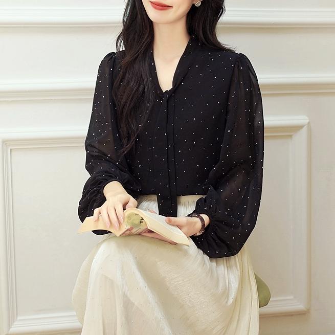 韓版波點燈籠袖飄帶襯衫