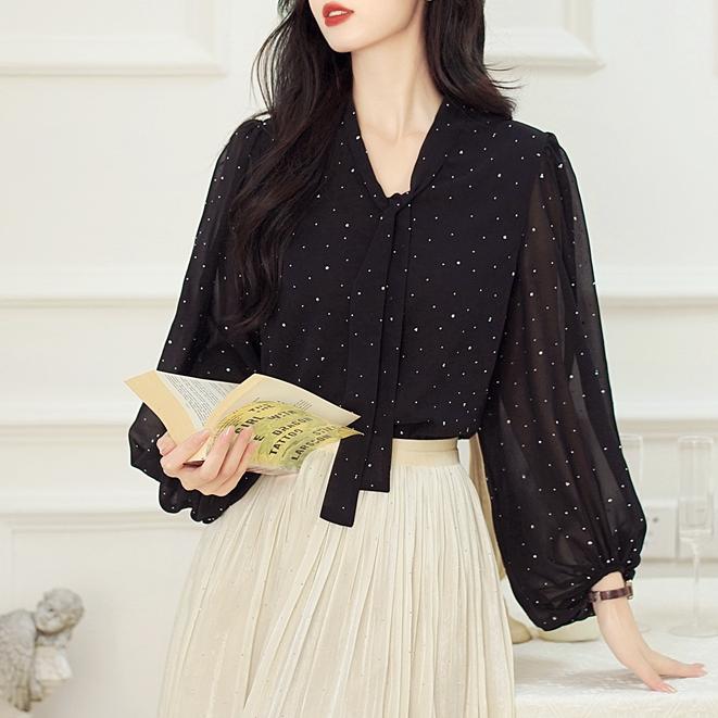 韓版波點燈籠袖飄帶襯衫