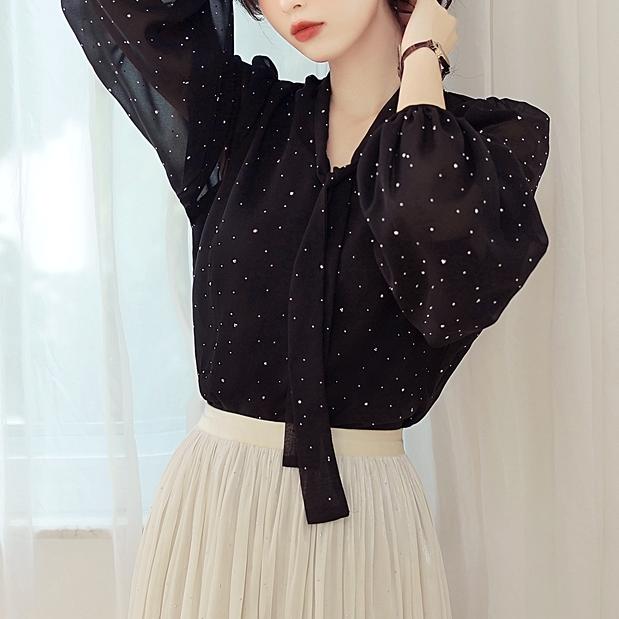 韓版波點燈籠袖飄帶襯衫