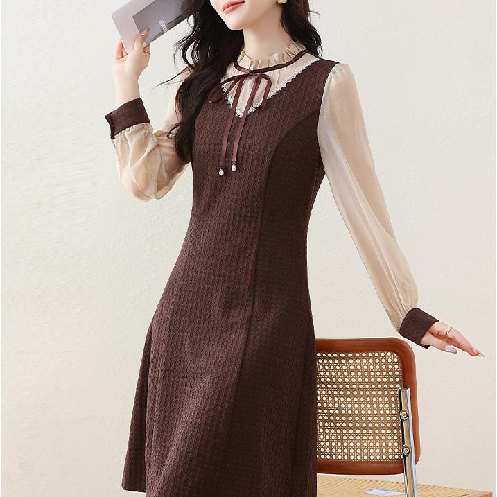 優雅撞色假兩件木耳邊連身裙