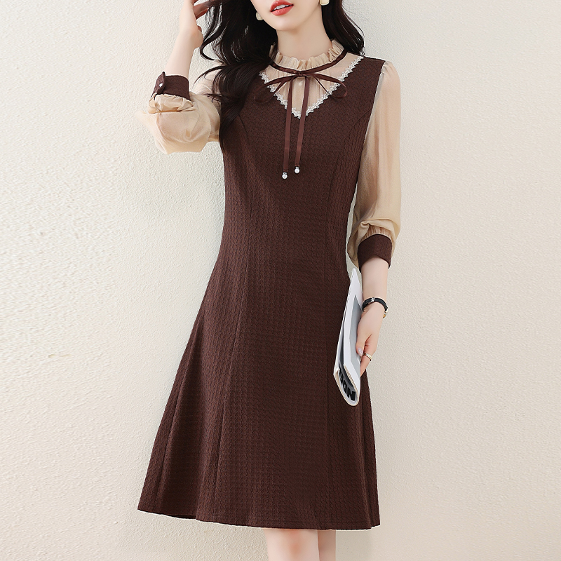 優雅撞色假兩件木耳邊連身裙