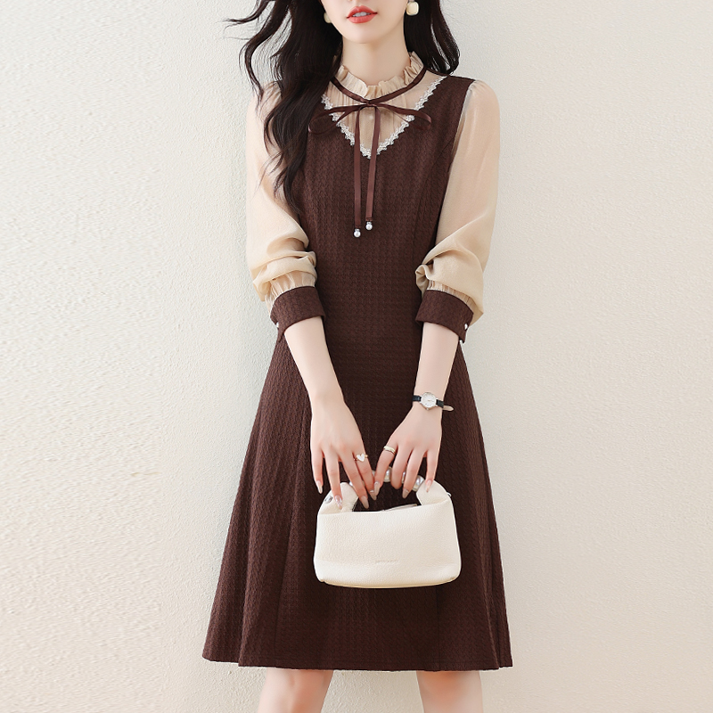 優雅撞色假兩件木耳邊連身裙