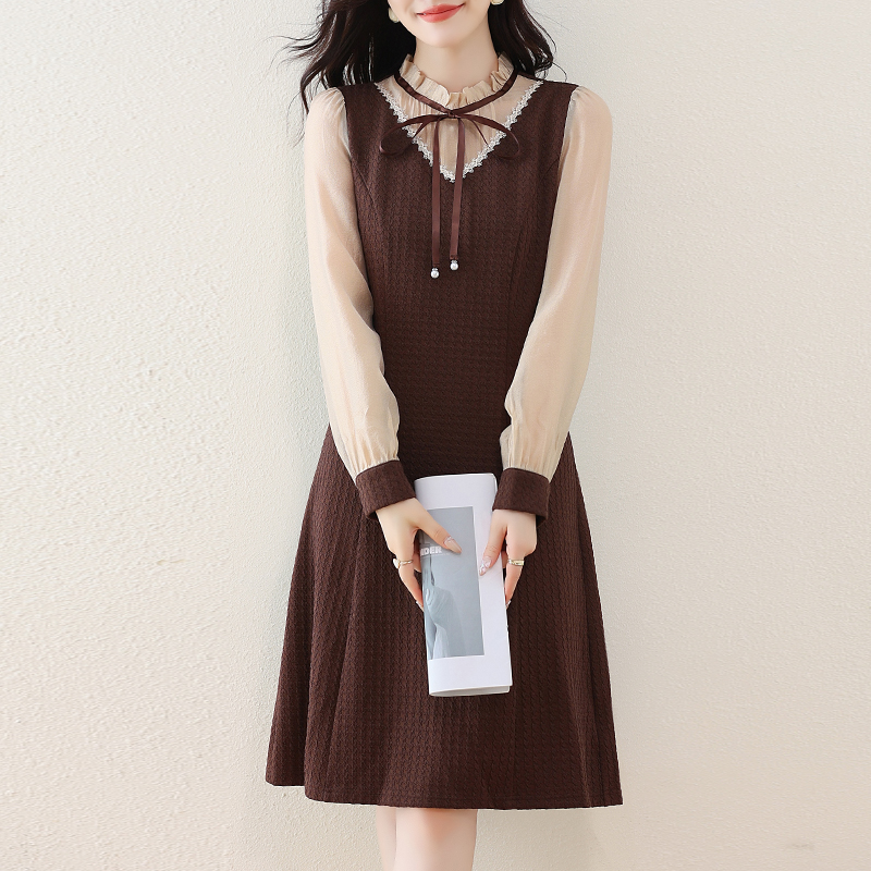 優雅撞色假兩件木耳邊連身裙