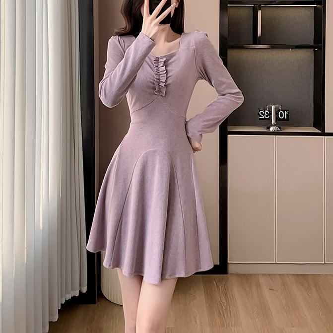 小香風純色木耳邊方領連身裙